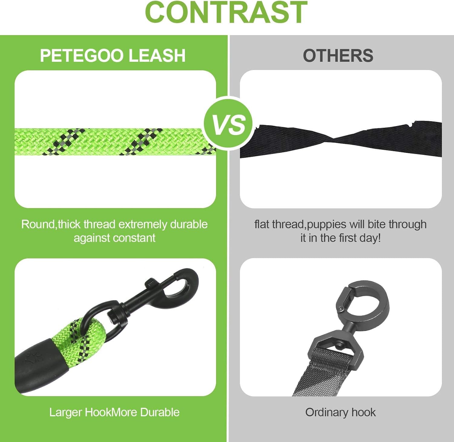 5Ft 1/2In Strong Green Dog Leash - Highly Reflective Heavy Duty Rope Leash with Soft Padded Anti-Slip Handle - for 18-120 Lbs Dogs