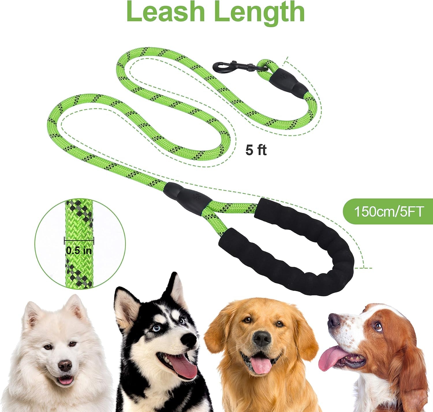 5Ft 1/2In Strong Green Dog Leash - Highly Reflective Heavy Duty Rope Leash with Soft Padded Anti-Slip Handle - for 18-120 Lbs Dogs