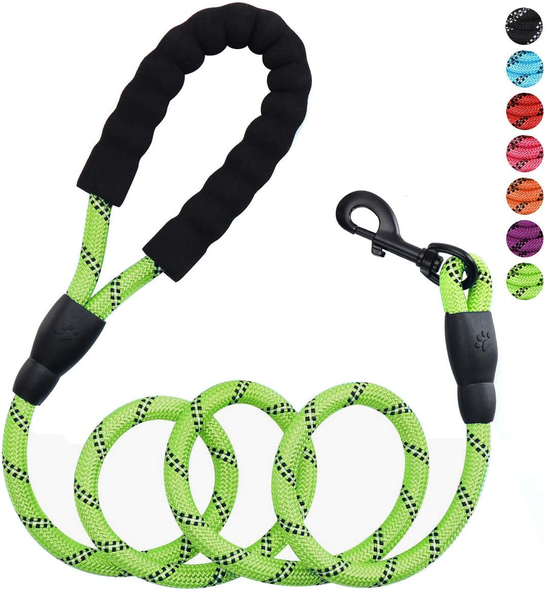 5Ft 1/2In Strong Green Dog Leash - Highly Reflective Heavy Duty Rope Leash with Soft Padded Anti-Slip Handle - for 18-120 Lbs Dogs